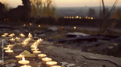A photograph of candles lit in solidarity and remembrance of the dead, against the backdrop of the destroyed landscape of a military zone. This prompt expresses hope for peace and restoration after photo
