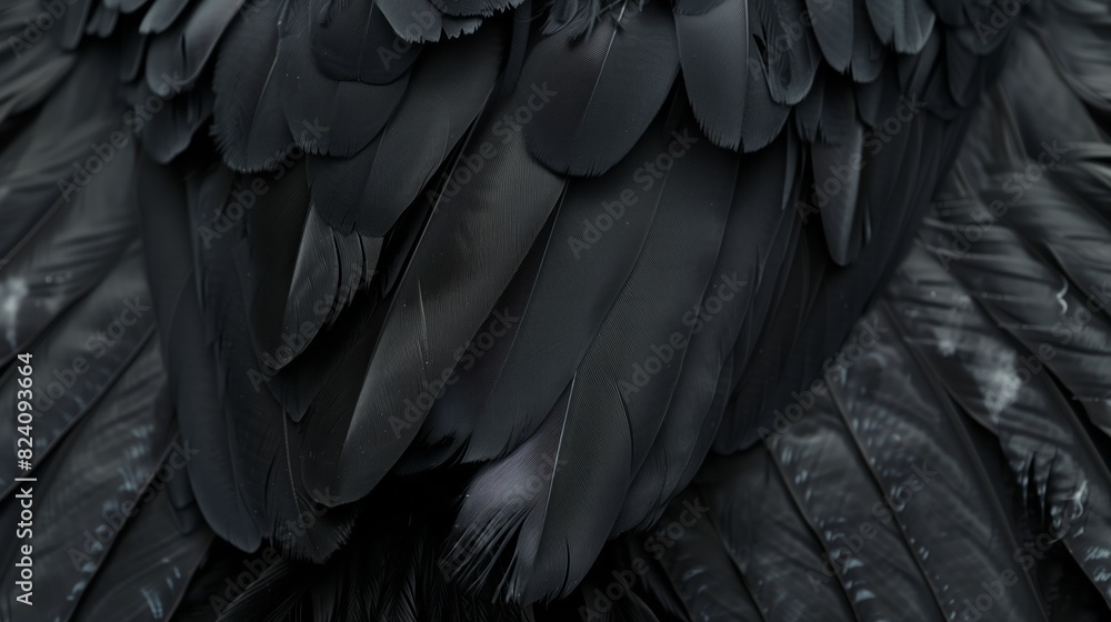 Obraz premium Closeup, black and feathers background. Ai generated, feather and bird plumage for creative banner, texture or detail space for angel faith.