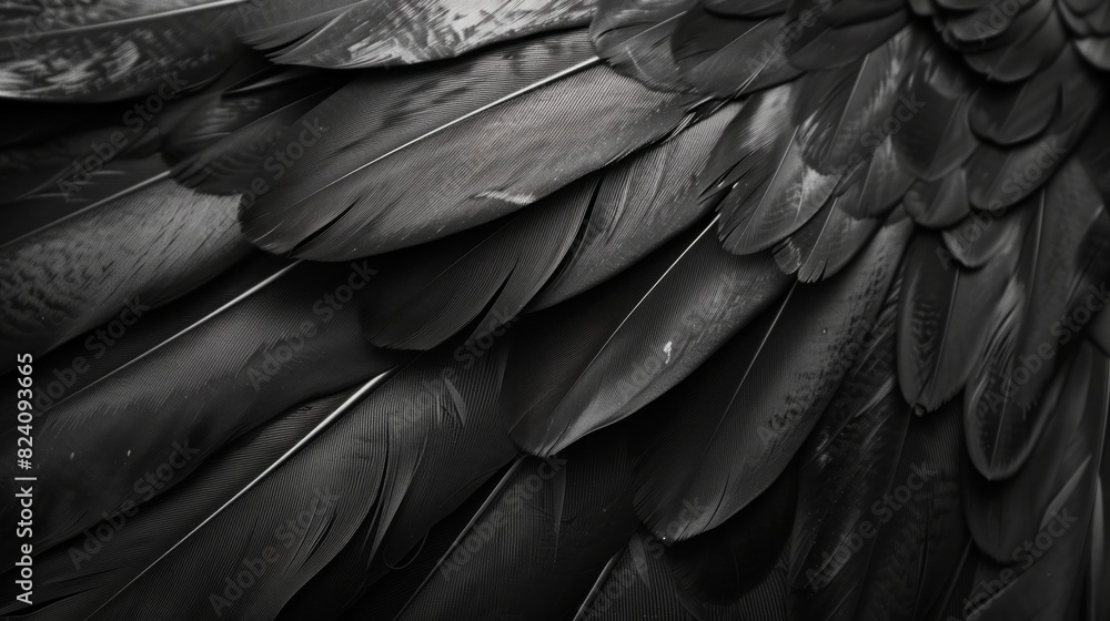 Obraz premium Closeup, black and feathers background. Ai generated, feather and bird plumage for creative banner, texture or detail space for angel faith.
