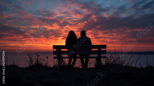 a couple sitting in front of the lake at sunset 