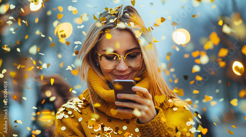 Joyful woman with phone amongst sparkling confetti