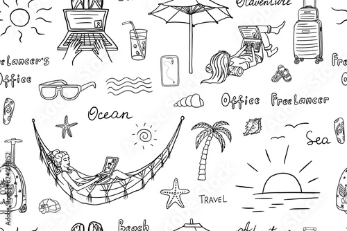 Seamless pattern of freelance work, teaching or studying on the beach. Happy freelancer. Freelancers working online on laptops in a cozy atmosphere on the beach with palms. Self-employed women