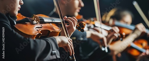 Classical music symphony orchestra string section performing, male violinist playing on foreground, music and teamwork concept photo