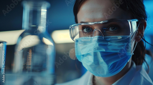 Focused female scientist wearing safety goggles and a mask in a modern lab setting