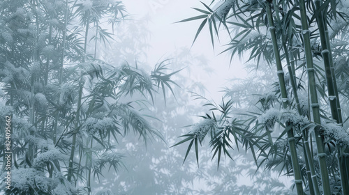 Snowcovered bamboo forest with bench, suitable for winterthemed designs, Christmas greeting cards, holiday website banners, and seasonal social media posts.