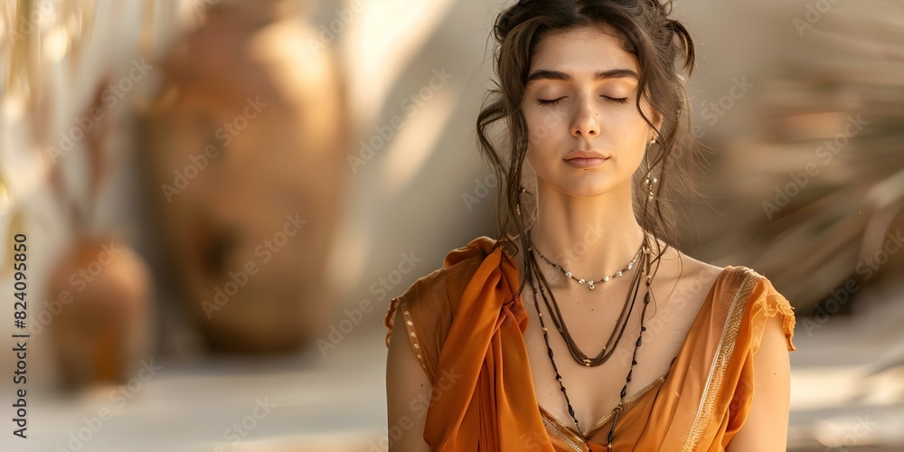 Obraz premium Indian woman meditates on rooftop embracing freedom peace and positive mindset. Concept Yoga, Meditation, Rooftop, Indian Culture, Positive Mindset