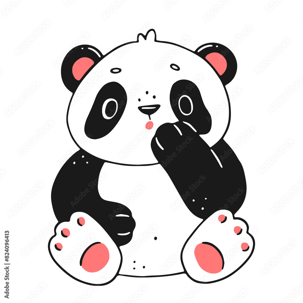 Naklejka premium Cute little surprised panda in a simple cartoon linear style. animal illustration.