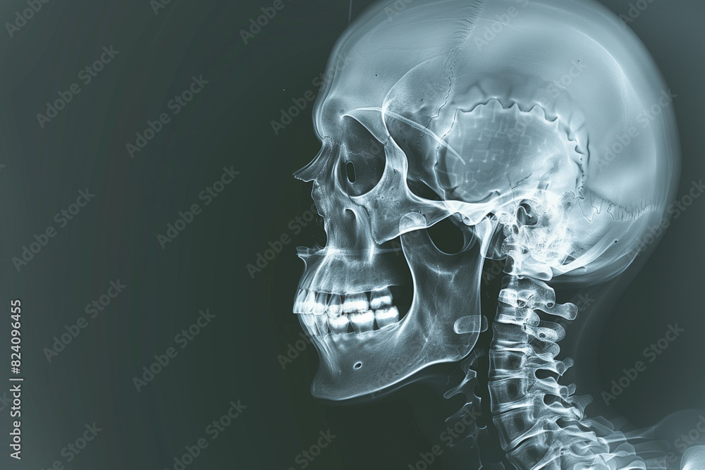 Detailed X-Ray Image of Human Skull and Cervical Spine on Black Background, Medical Radiology, Anatomy Study Detailed X-Ray Image of Human Skull and Cervical Spine on Black Background, Medical Radiology, Anatomy Study