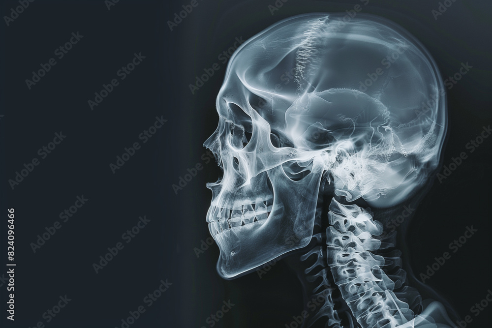 Detailed X-Ray Image of Human Skull and Cervical Spine on Black Background, Medical Radiology, Anatomy Study Detailed X-Ray Image of Human Skull and Cervical Spine on Black Background, Medical Radiology, Anatomy Study