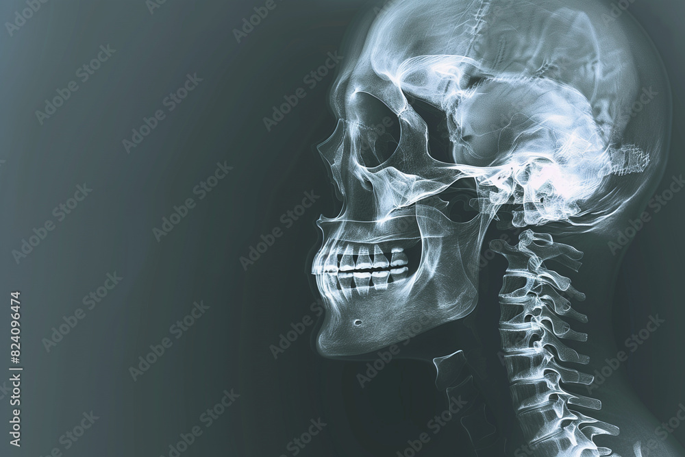 Detailed X-Ray Image of Human Skull and Cervical Spine on Black ...