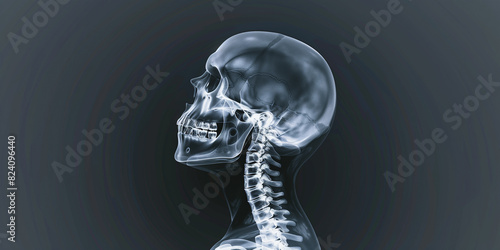 Detailed X-Ray Image of Human Skull and Cervical Spine on Black Background, Medical Radiology, Anatomy Study