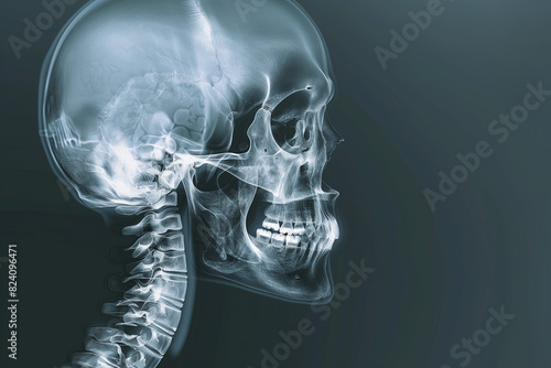 Detailed X-Ray Image of Human Skull and Cervical Spine on Black Background, Medical Radiology, Anatomy Study