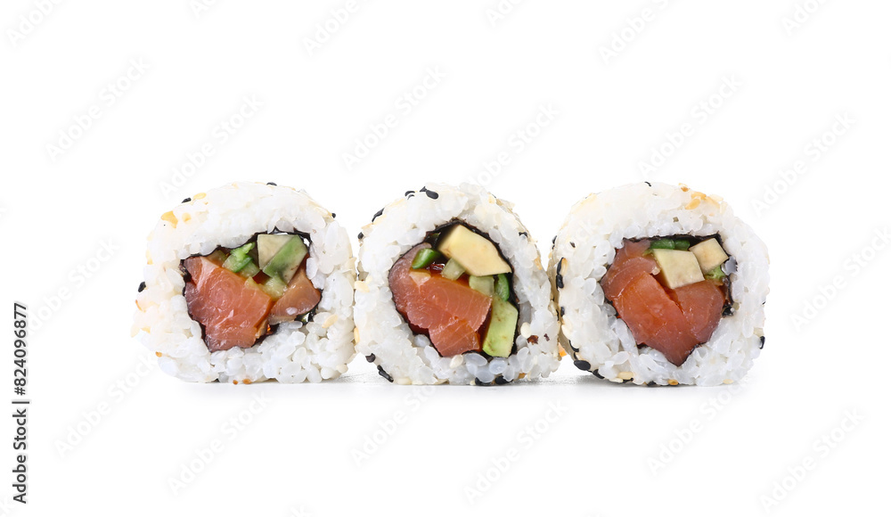 Tasty sushi rolls on white background Tasty sushi rolls on white background
