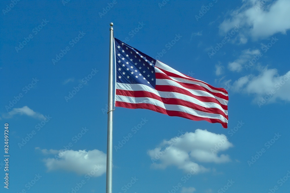 A large American flag billowing in the sky, symbolizing patriotism and freedom. A large American flag billowing in the sky, symbolizing patriotism and freedom.