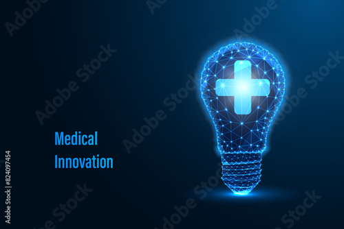 Futuristic medical innovation, healthcare advancement concept with medical cross inside lightbulb