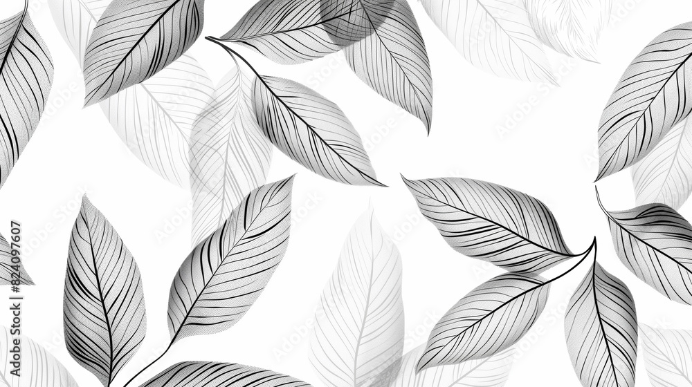 Elegant Seamless Pattern of Black and White Hand-Drawn Leaves, Ideal for Backgrounds, Textiles, and Stylish Wrappings