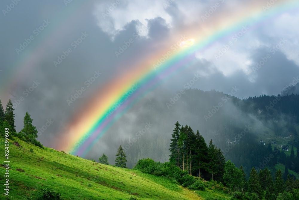 A vibrant rainbow stretching across the sky above a green, flourishing hillside in the Alps. A vibrant rainbow stretching across the sky above a green, flourishing hillside in the Alps.