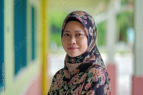 Humble Beauty malay muslim teacher. Islamic girl face with arab hijab. Generate Ai photo