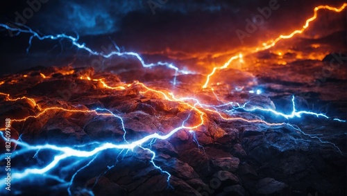 A night view of explosion in the sky lightning storm in the night sky.  Atmospheric electricity thunder and lightning photo