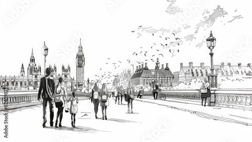 Architecture  HB pencil drawn human figures  man  woman  kids  people walking on the streets of  London city  black outline drawings  Moodboards  Storyboards   Architecture  project  white background
