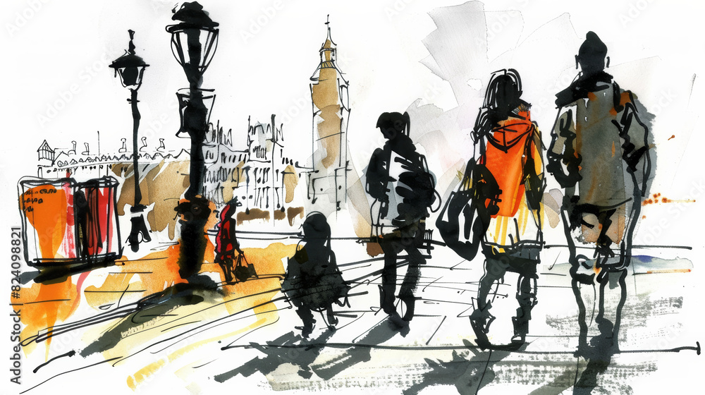 Architecture hand drawn human figures, man, woman, kids, london city ...
