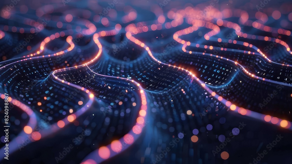 Describe a visualization of a neural network, with interconnected nodes and layers processing complex data inputs, Close up Describe a visualization of a neural network, with interconnected nodes and layers processing complex data inputs, Close up