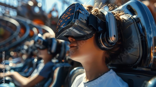 Describe a virtual reality roller coaster, where riders wear VR headsets and experience fantastical worlds and creatures as they ride, Close up © Nawarit