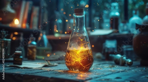 Describe an alchemist successfully creating an elixir of life, with the potion glowing brightly in a glass vial, Close up photo