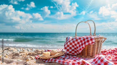 A sunny beach scene featuring a checkered blanket and picnic basket, perfectly set for a relaxing day, with space for text.