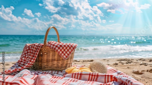 A sunny beach scene featuring a checkered blanket and picnic basket, perfectly set for a relaxing day, with space for text.