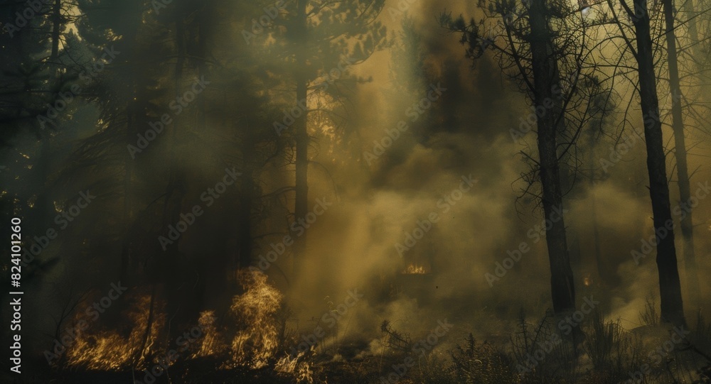 Fototapeta premium Thick black smoke envelops the forest making it difficult to see more than a few feet in front.