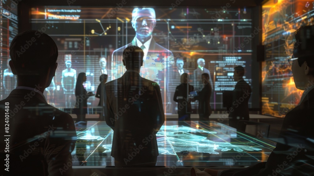 A group of reporters conducting interviews via holographic projections of sources miles away. A group of reporters conducting interviews via holographic projections of sources miles away.