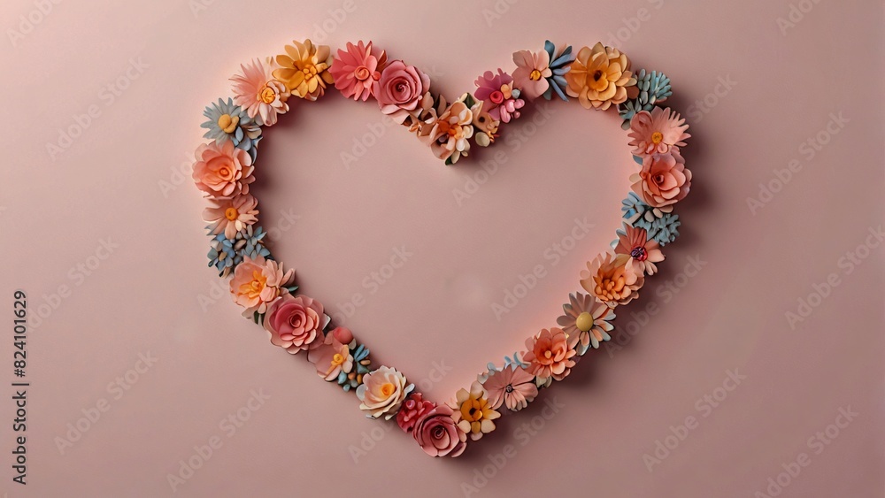 A heart made of  flowers on a pink background, could be used to create greeting cards for Valentine's Day, birthdays, anniversaries, or other occasions
