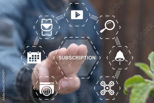 Obraz na płótnie Blogger working on virtual touch screen presses word: SUBSCRIPTION. Subscribe to video channel. Subscriptions for social media. Business Web Promotion Marketing Concept. w salonie