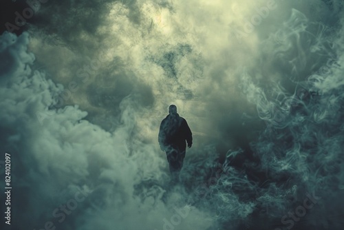 A mysterious figure bathed in smoke steps into the frame accompanied by a haunting synthesizer track that intensifies the surreal and otherworldly ambiance photo