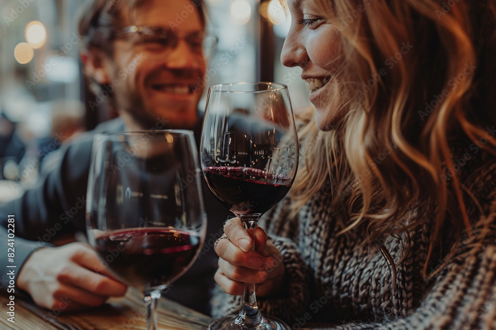 A woman and a man on a date drinking red wine at a bar