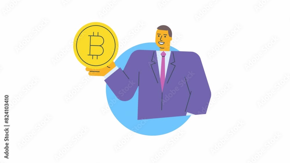 Icon businessman holding gold coin with bitcoin sign and smiles. Alpha channel Icon businessman holding gold coin with bitcoin sign and smiles. Alpha channel