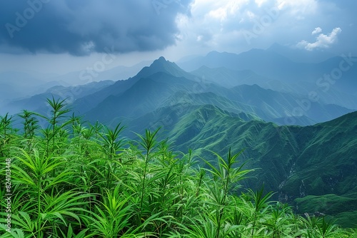 Cannabis or marijuana outdoors plantation growing on the mountains. Wide angle