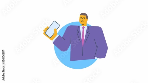 Icon businessman holding mobile phone and smiles. Alpha channel