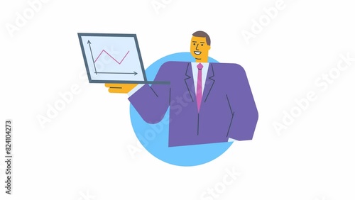 Icon businessman holding laptop and smiles. Alpha channel