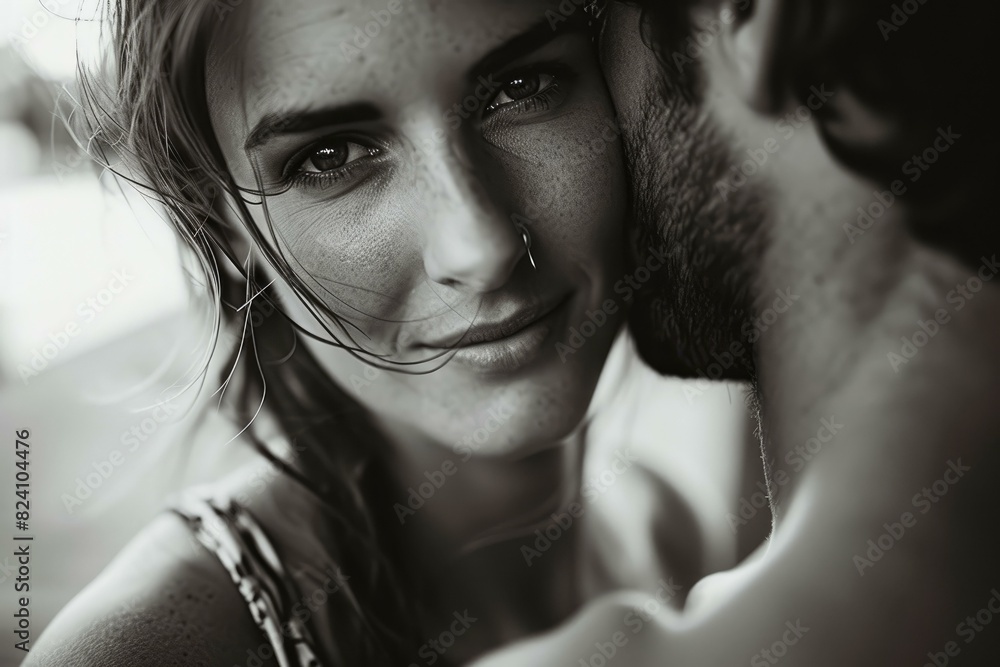 Tender moment captured between a couple in a romantic, close-up black and white portrait Tender moment captured between a couple in a romantic, close-up black and white portrait