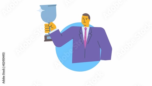 Icon businessman holding silver cup and smiles. Alpha channel
