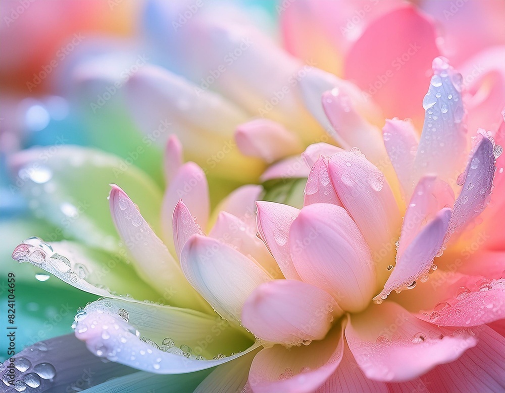 Fototapeta premium Pink flower with delicate petals, set against a background of Korean pastel rainbow colors, creating a soft and dreamy visual effect