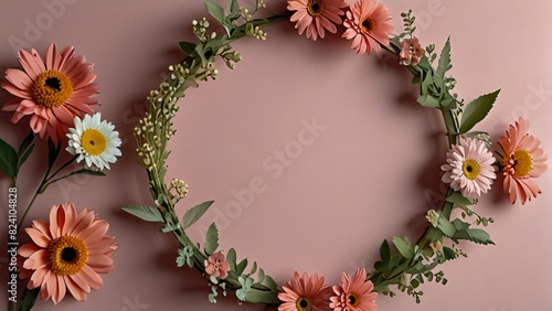 wreath of colorful flowers against a light pink background. This image would make a lovely background for a website  blog  greeting card  or invitation.