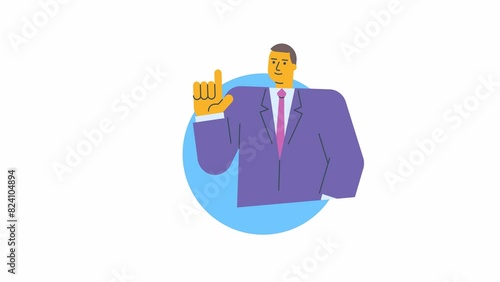Icon businessman points finger up and smiles. Alpha channel