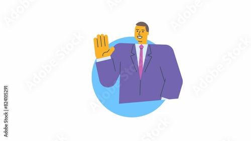 Icon businessman waves hand and smiles. Alpha channel