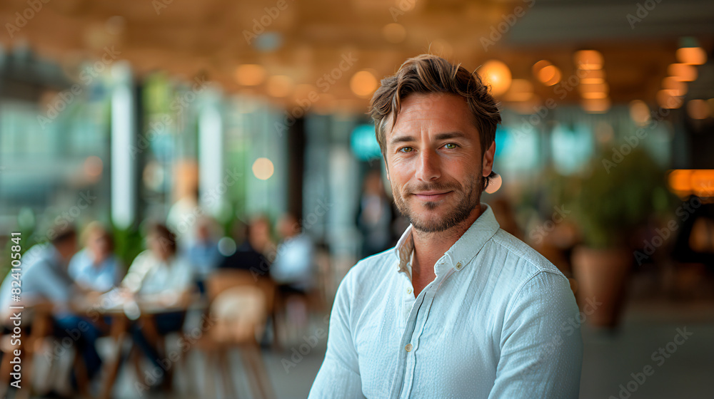 Fototapeta premium 40s white businessman, standing and wearing a white shirt, there is a business meeting in the background at the office 