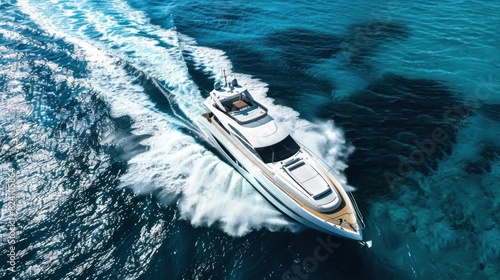 Private yacht speed boat sailing at deep blue sea surface in high speed