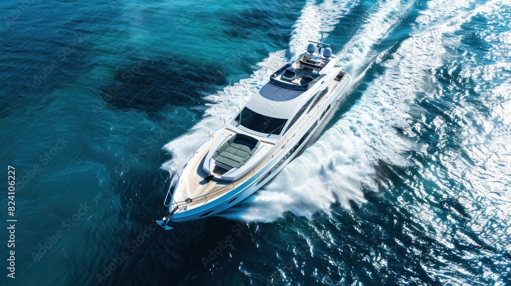 Fototapeta premium Private yacht speed boat sailing at deep blue sea surface in high speed