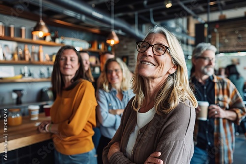 portrait of smiling senior woman in eyeglasses standing in cafe